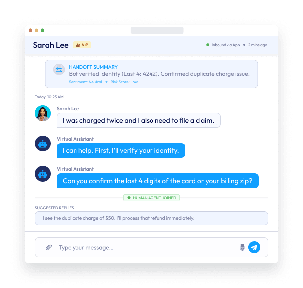 AI virtual assistant and human agent handoff interface handling customer support issue in CX platform